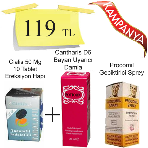 Cialis 50 mg Tadalafil 10 Tablet + Potioon Bayan Azdırıcı Damla + Procomil 45cc Geciktirici Sprey