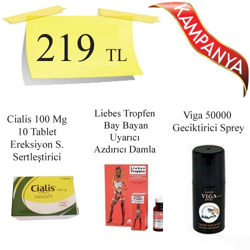 Cialis 100 mg 10 Tablet + Liebes Tropfen Bayan Azdırıcı Damla + Viga 50000 Geciktirici Sprey