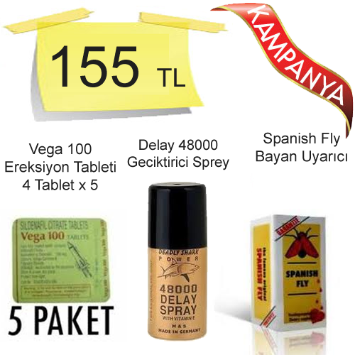 Vega 100 mg Ereksiyon Hapı 5´li Paket + The Original Spanisch fly Bayan Azdırıcı Damla + Delay 48000 Geciktirici Sprey