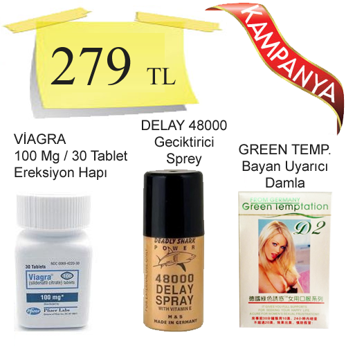 Viagra 100 mg 30 Tablet + Green Temptation Bayan Azdırıcı Damla + Delay 48000 Geciktirici Sprey