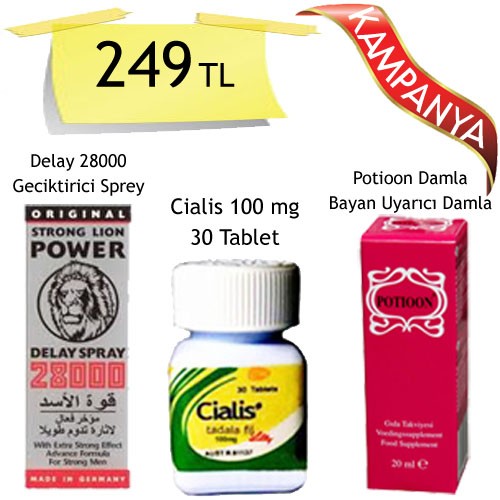 Cialis 100 mg 30 Tablet + Potioon Bayan Azdırıcı Damla + Delay 28000 Geciktirici Sprey