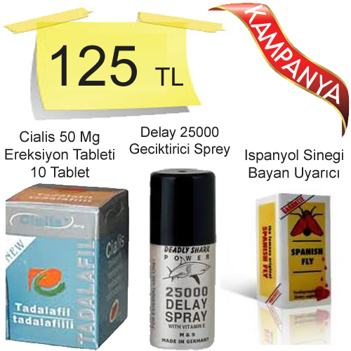 Cialis Tadalafil 50 mg 10 Tablet + İspanyol Sineği Bayan Azdırıcı Damla + Delay 25000 Geciktirici Sprey