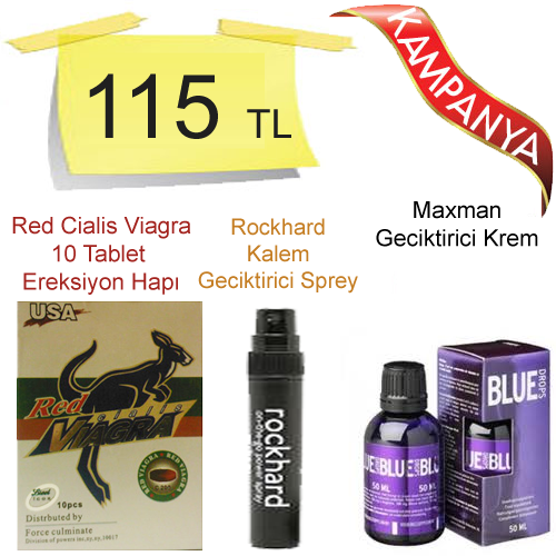 Red Cialis Viagra Hap + Blue Drops Bayan Azdırıcı Damla + Rockhard Geciktirici Kalem Sprey