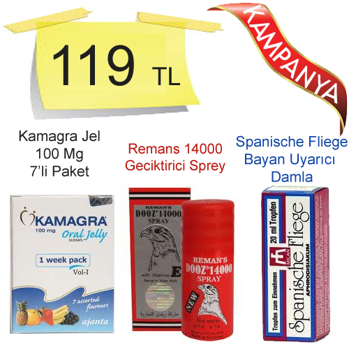 Kamagra jel 100 mg Sildenafil + Spanische Fliege Bayan Azdırıcı Damla + Remans 14000 Geciktirici Sprey