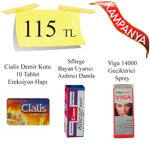 Cialis Demir Kutu 3800mg Ereksiyon Hapı + Sfliege Bayan Azdırıcı Damla + Viga 14000 Geciktirici Sprey