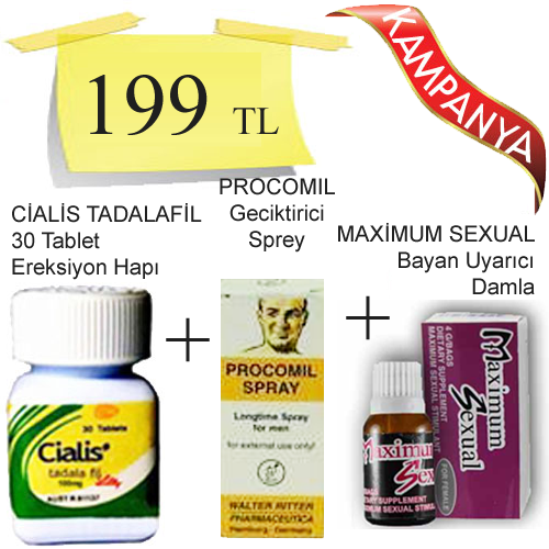 Cialis 100 mg 30 Tablet + Maximum Sexual Bayan Azdırıcı Damla + Procomil Geciktirici Sprey