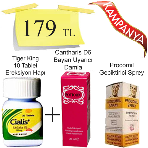Cialis 20 mg 30 Tablet + Potioon Bayan Azdırıcı Damla + Procomil 45cc Geciktirici Sprey